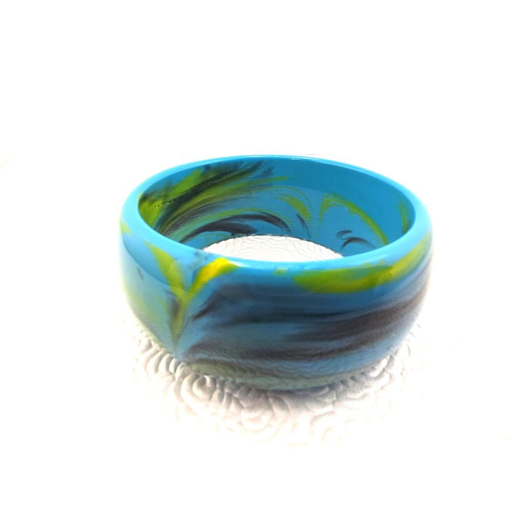 Turquoise Color Bangle Bracelet Swirl Marbled Chunky Acrylic End of Day 1.25"